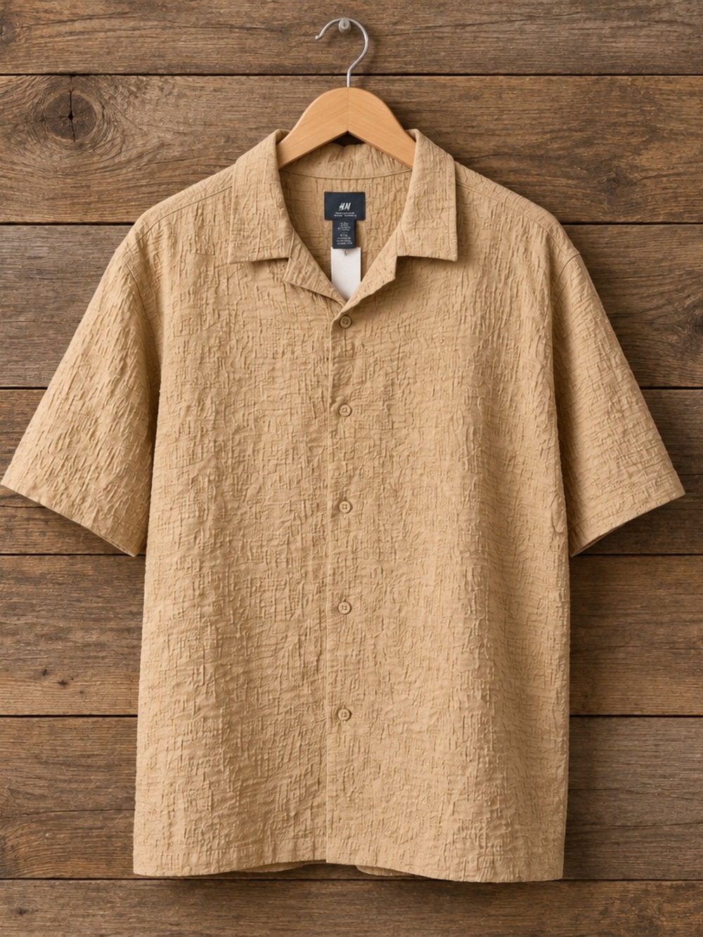 H&M Men's Short-Sleeve Textured Button-Down Shirt — Light Tan